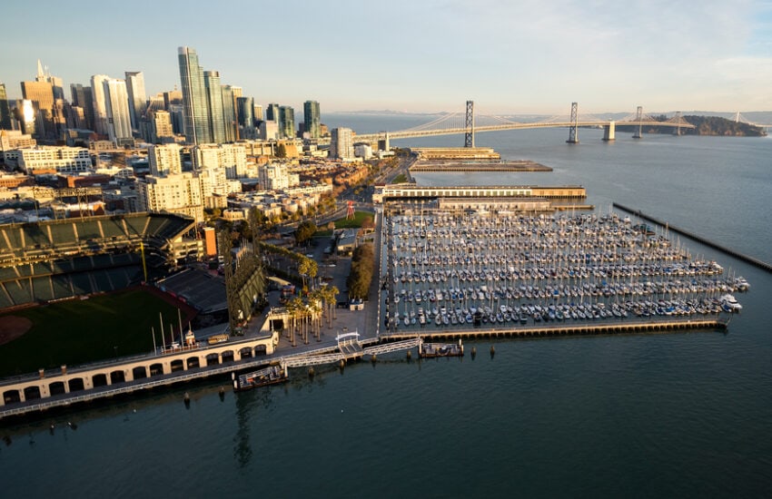 Aerial view of SOMA and McCovey Cove in San Francisco