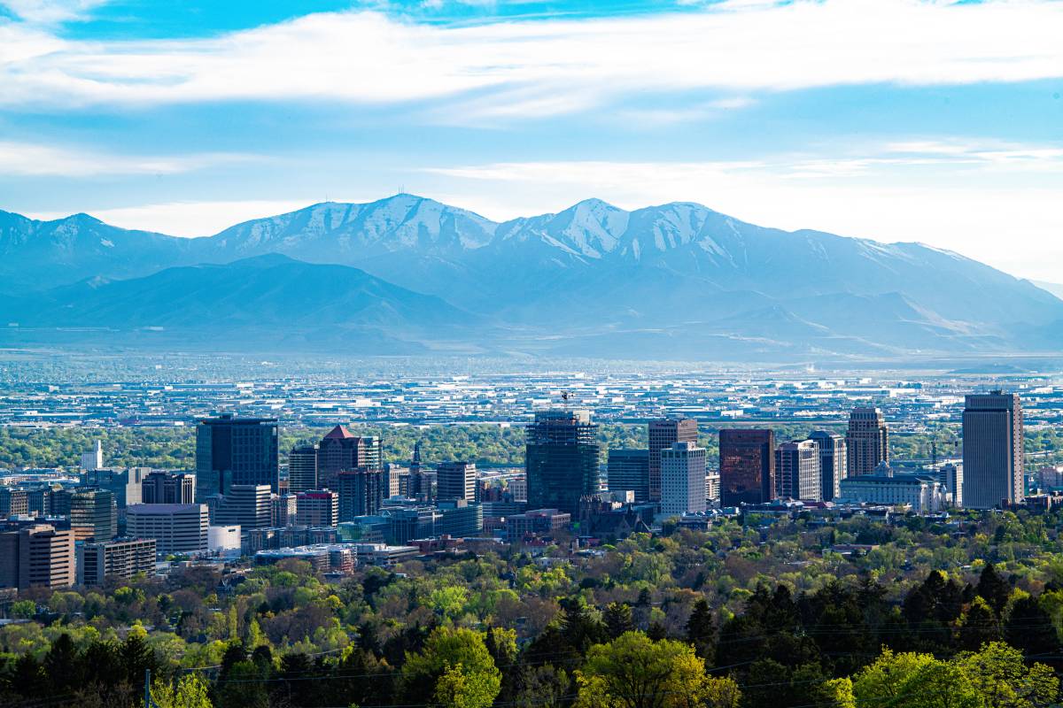 Salt Lake City skyline with mountains in the distance